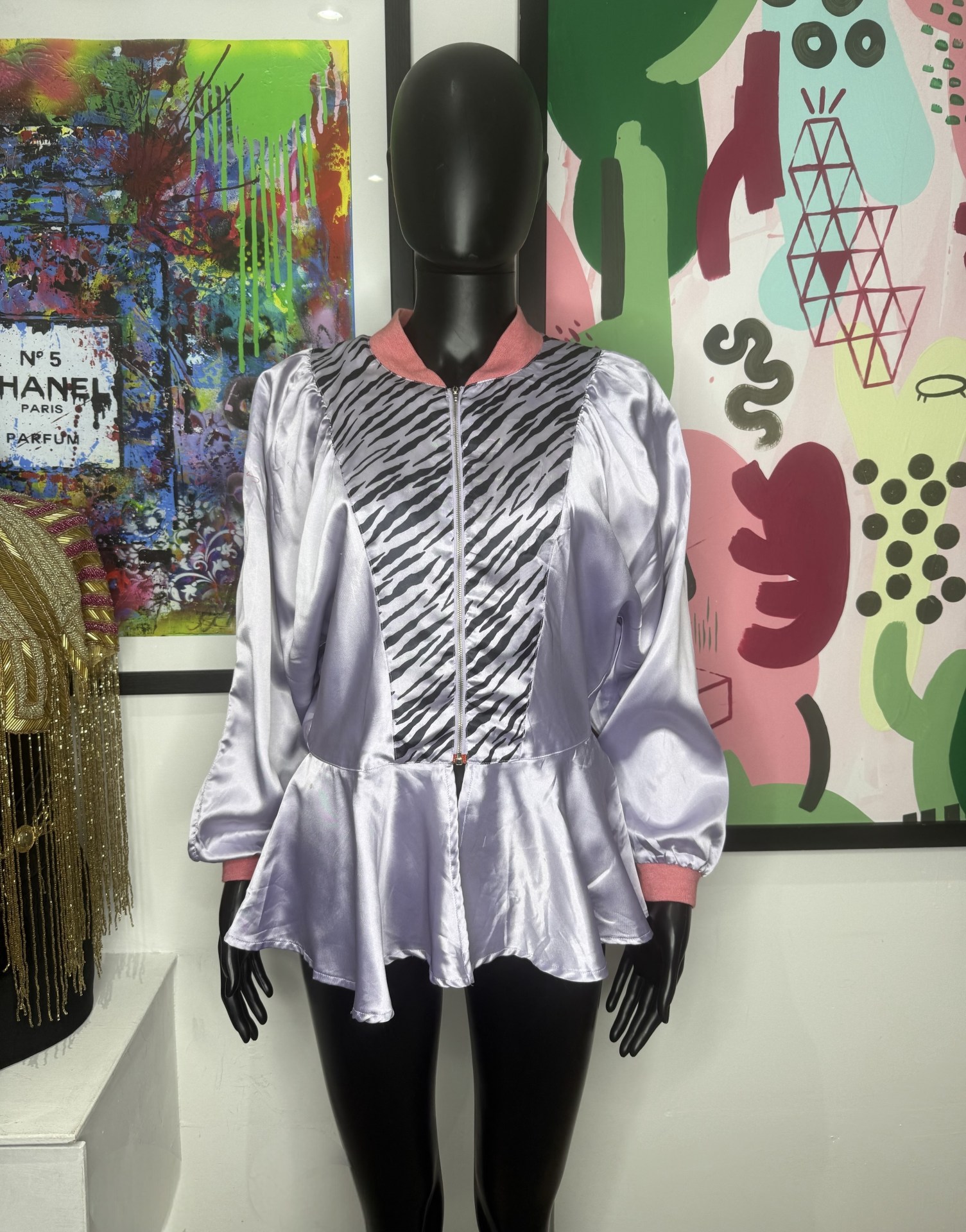 Lilac Zebra Panel Peplum Zip Blouse