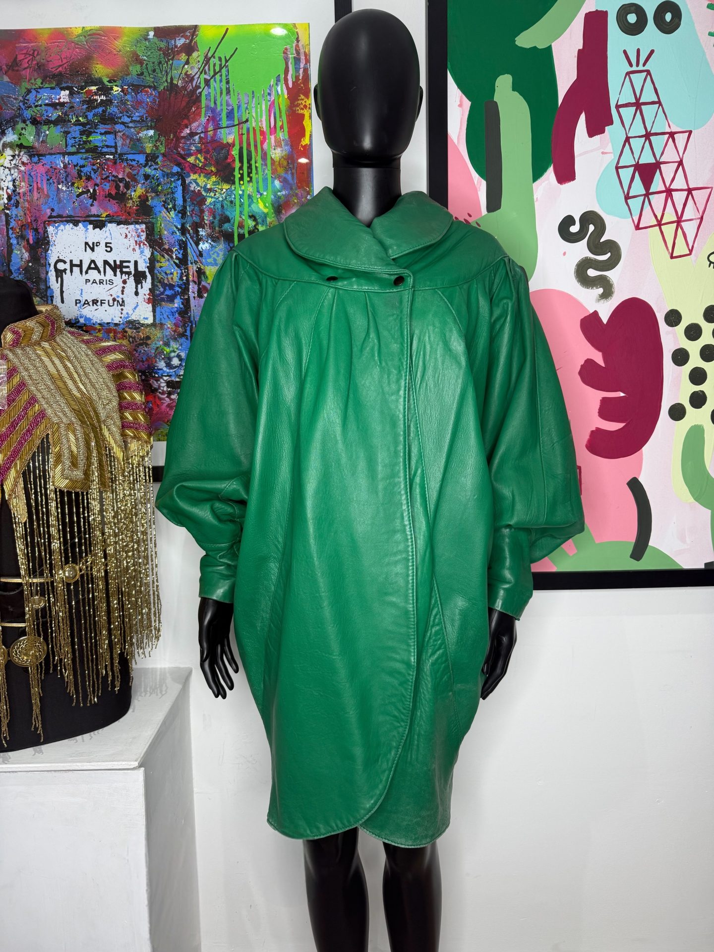 1980s Emerald Green Batwing Cocoon Leather Jacket