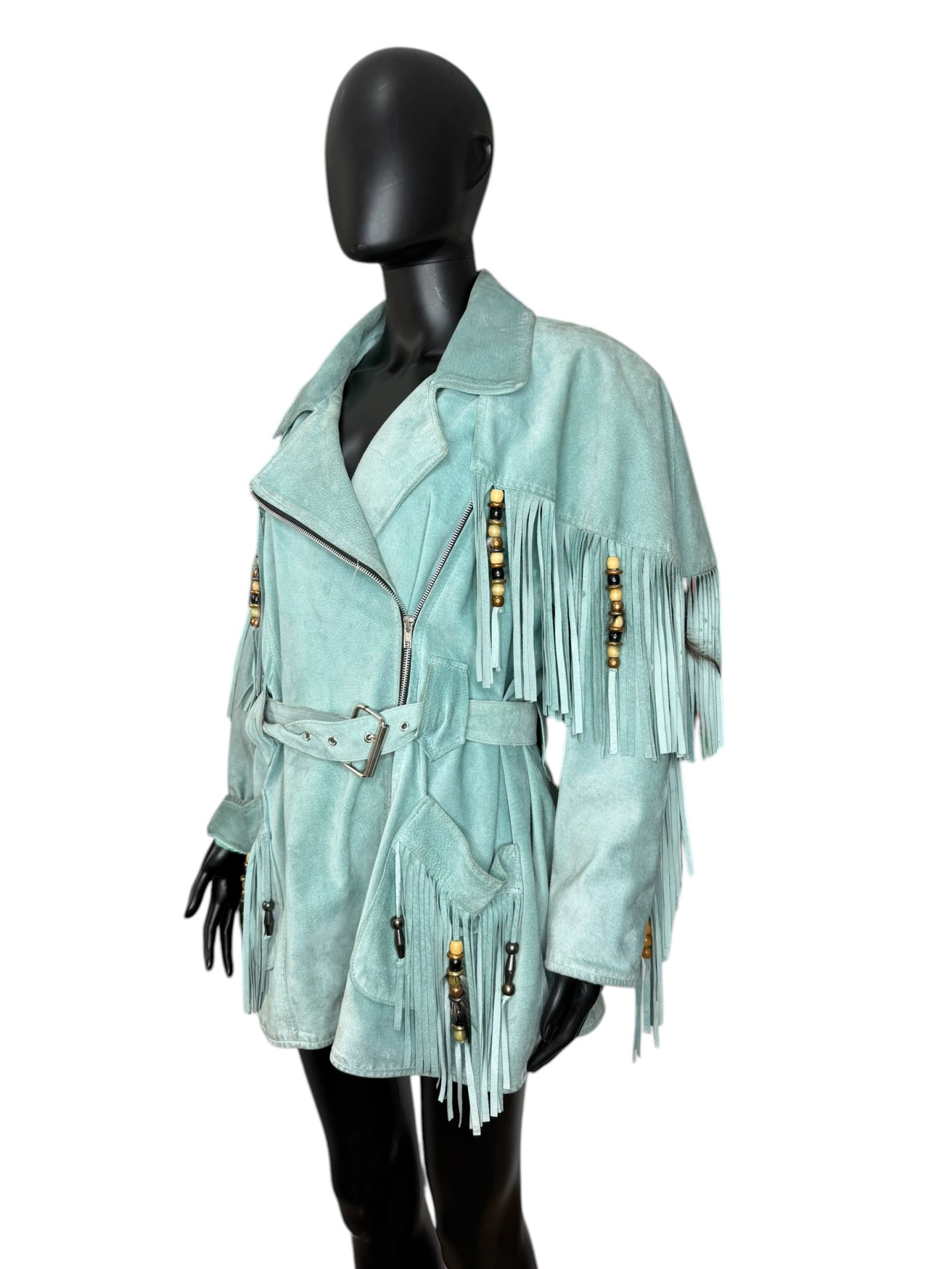 Minty Turquoise Suede Fringe Vintage Jacket - Image 2