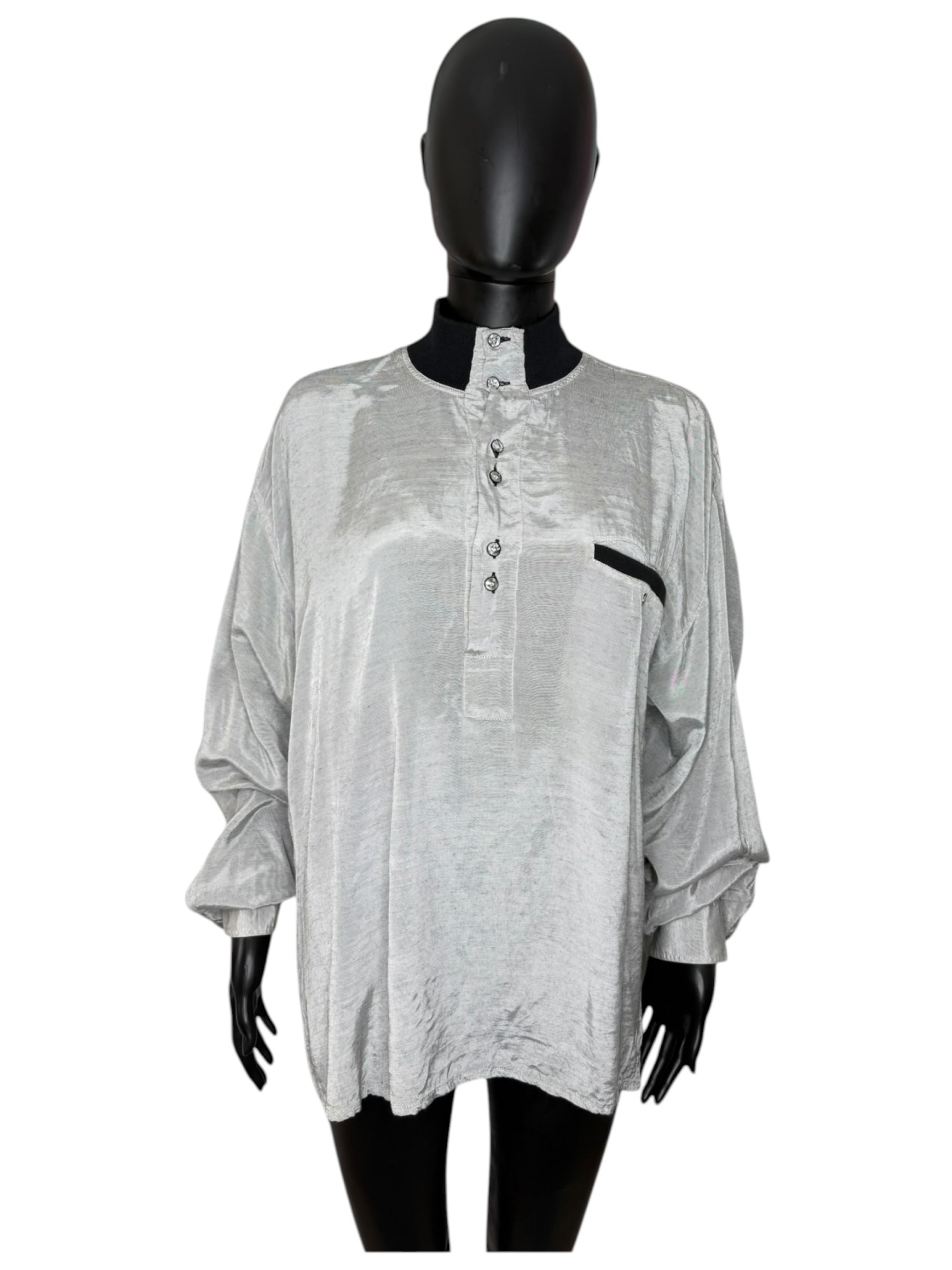 1990s Silver Metallic High Neck Batwing Blouse