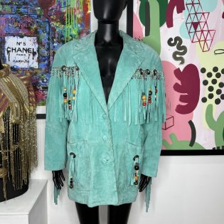 Turquoise Western Suede Fringe Beaded Jacket