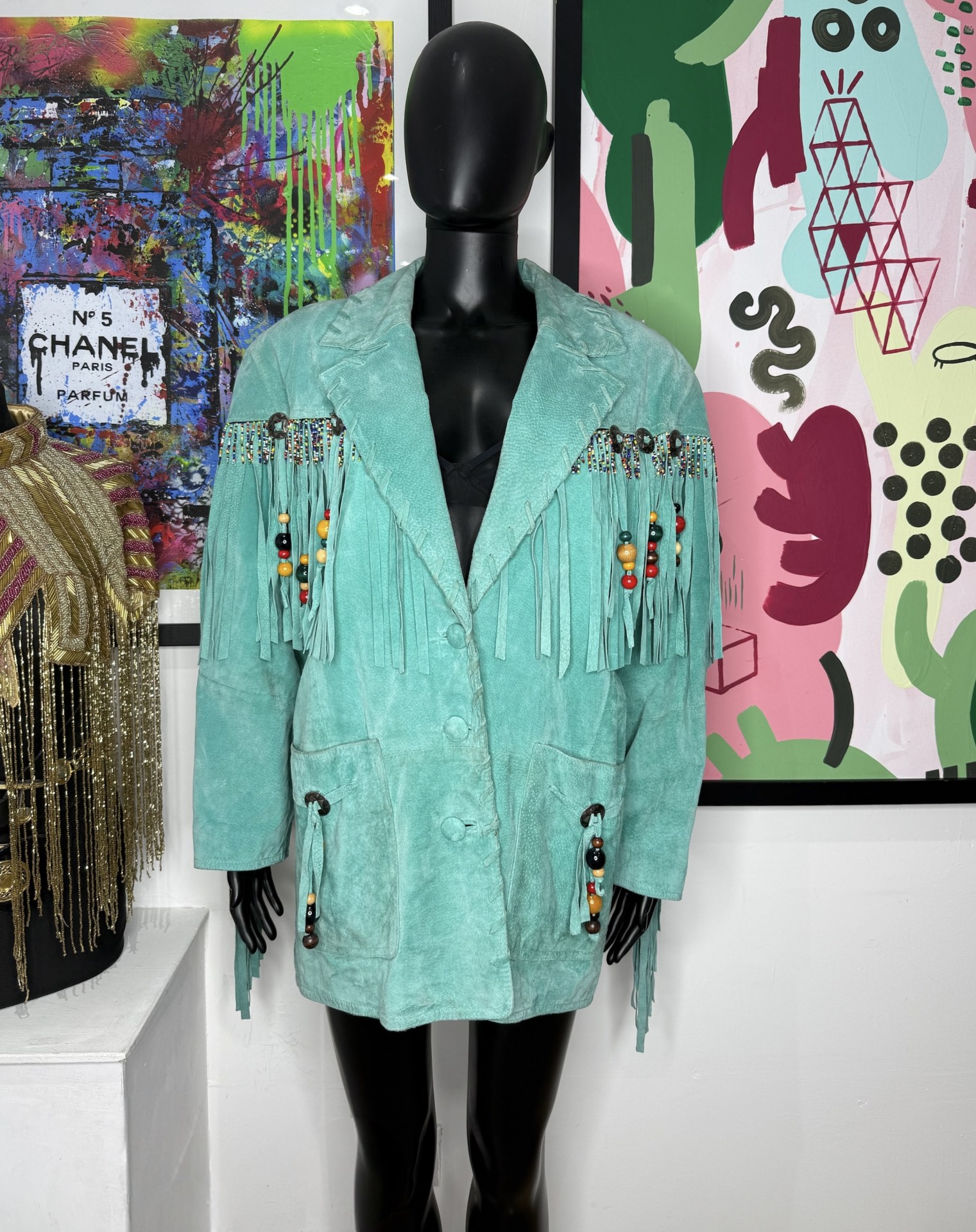 Turquoise Western Suede Fringe Beaded Jacket
