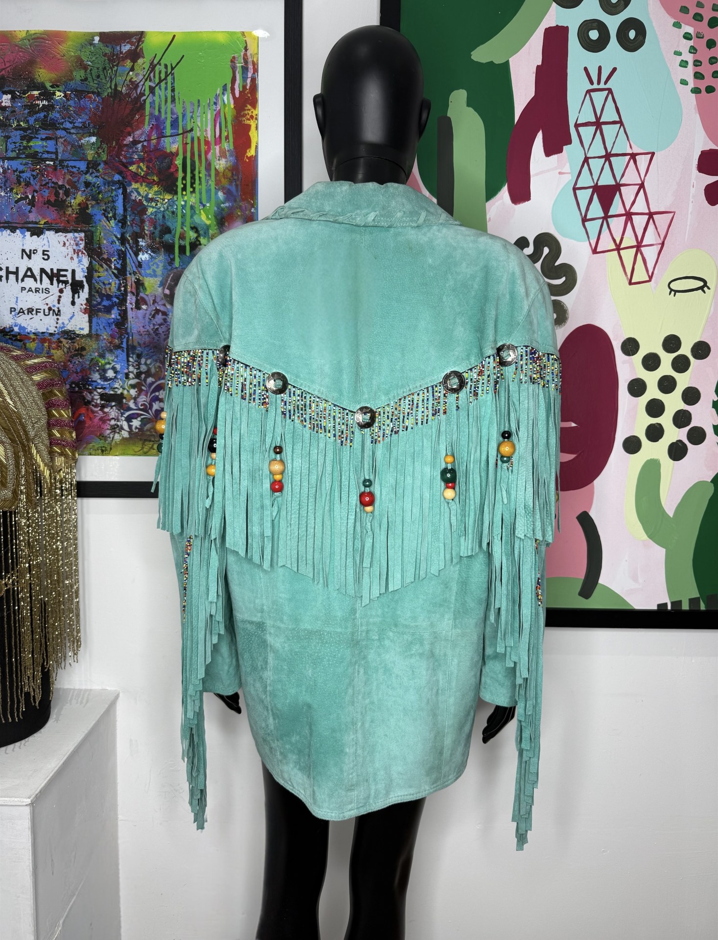 Turquoise Western Suede Fringe Beaded Jacket - Image 2