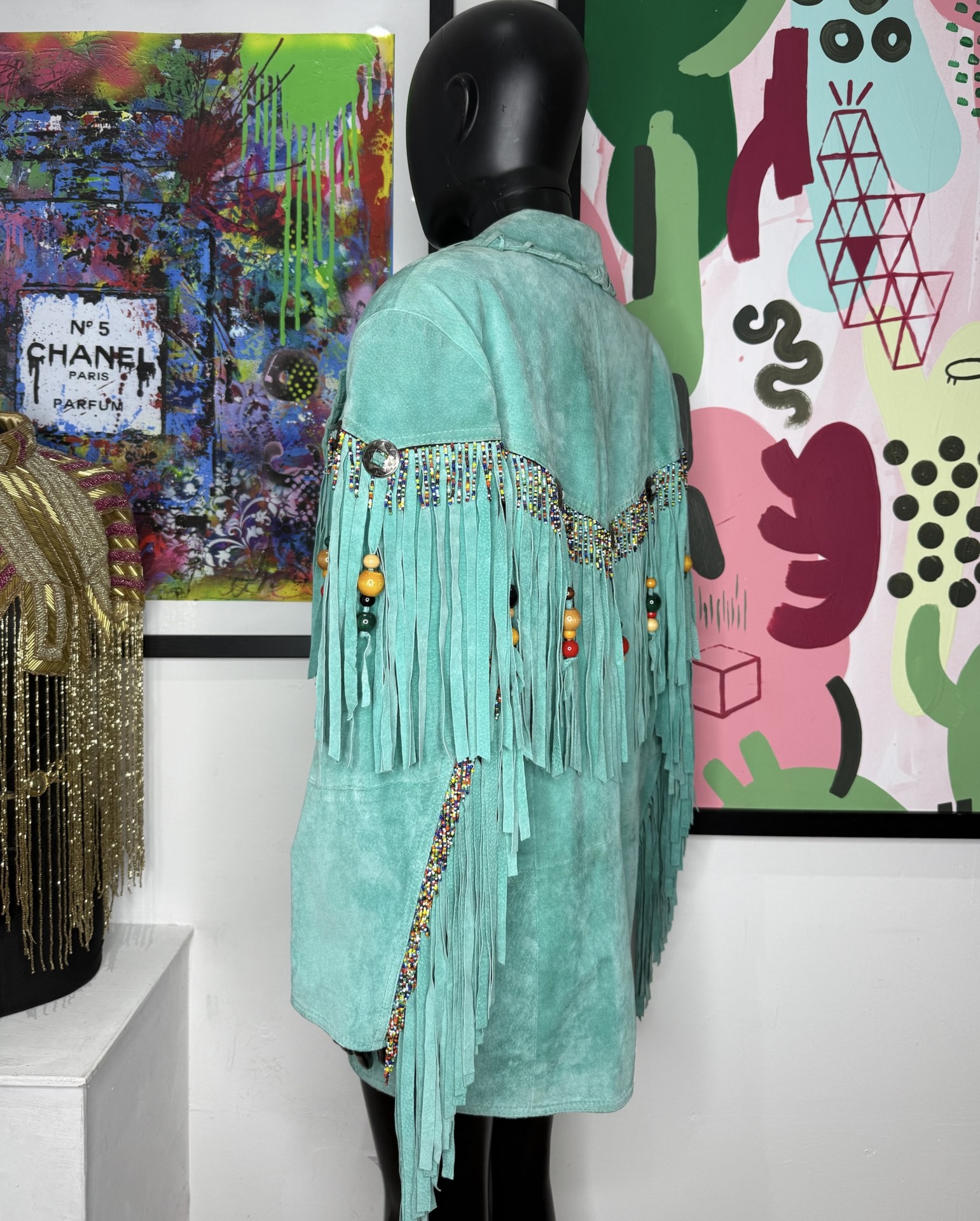 Turquoise Western Suede Fringe Beaded Jacket - Image 3